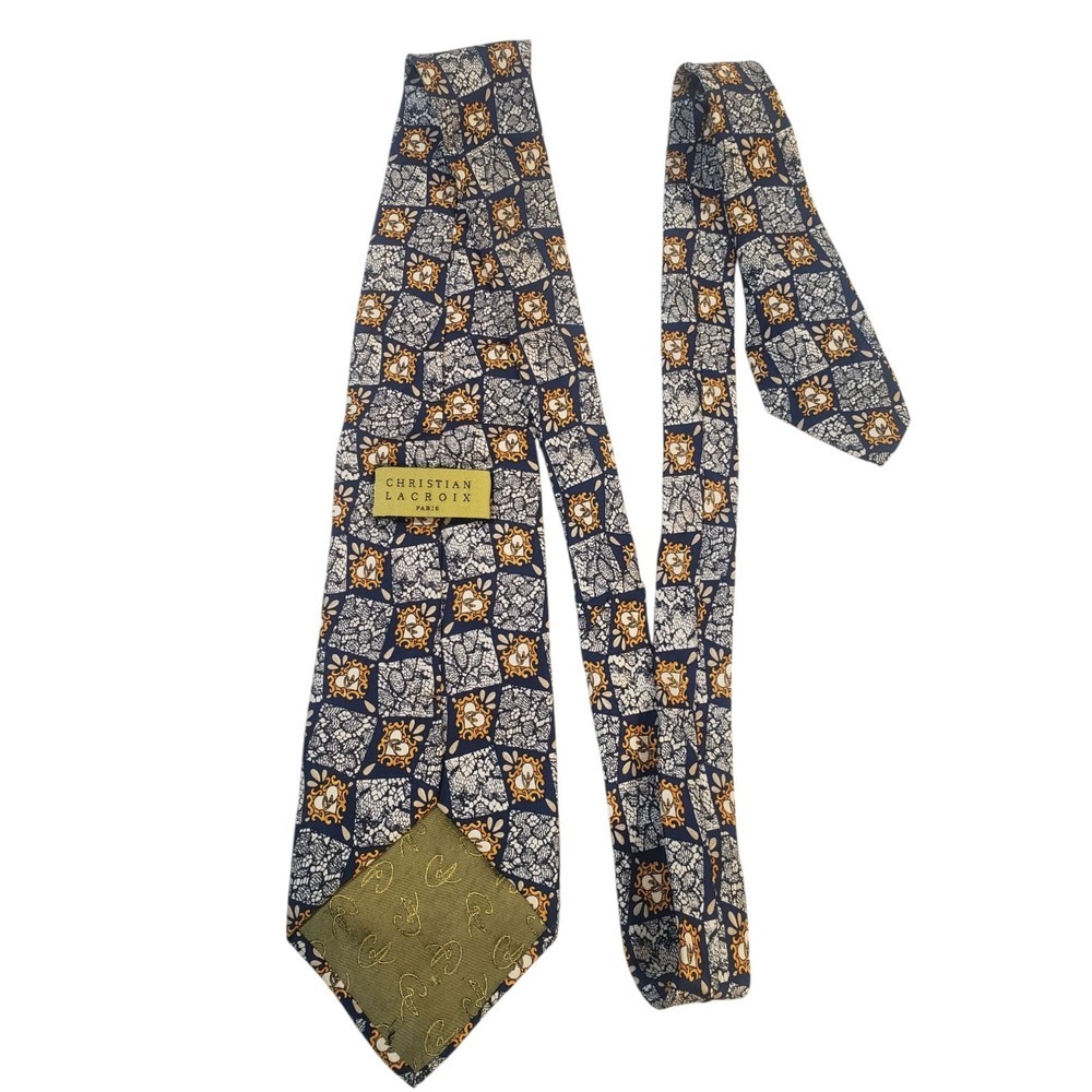 Christian Lacroix Paris Mens Tie Necktie Designer Luxury Blue Cream Lace Hearts
